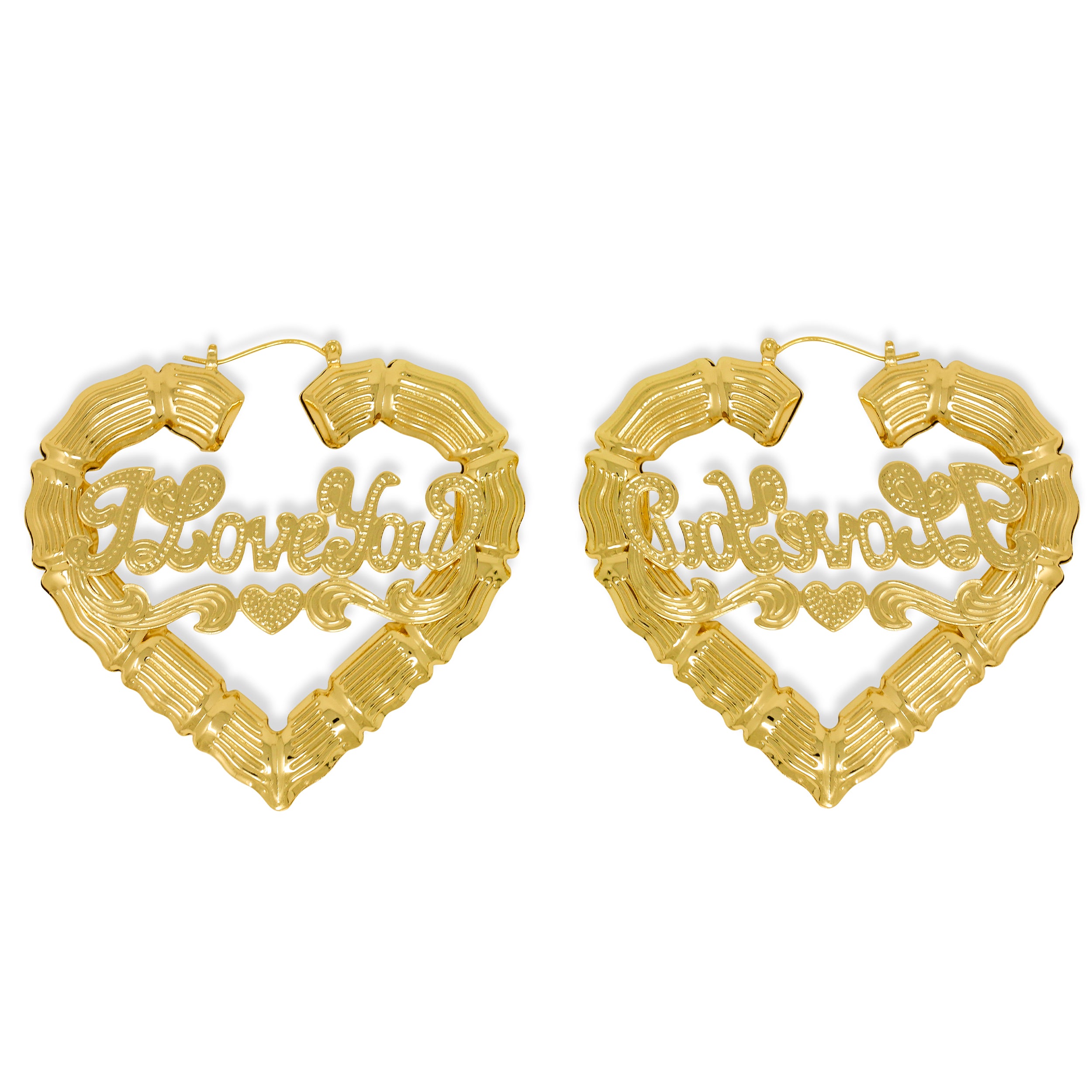 10K YELLOW GOLD HEART BAMBOO HOOPS -LARGE