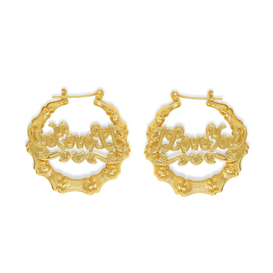 Gold Plated I Love You Round Bamboo Hoop Earrings-30mm