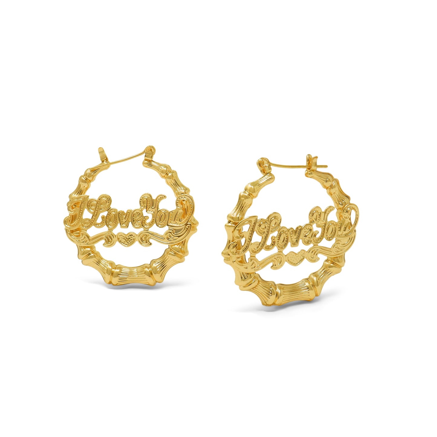 Gold Plated I Love You Round Bamboo Hoop Earrings-30mm