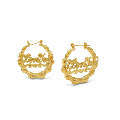 Gold Plated I Love You Round Bamboo Hoop Earrings-30mm