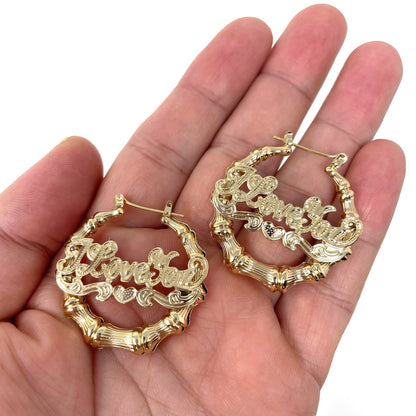 Gold Plated I Love You Round Bamboo Hoop Earrings-30mm