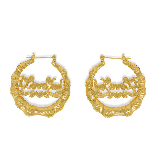 Gold Plated I Love You Round Bamboo Hoop Earrings-35mm