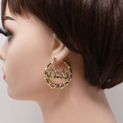 Gold Plated I Love You Round Bamboo Hoop Earrings-35mm