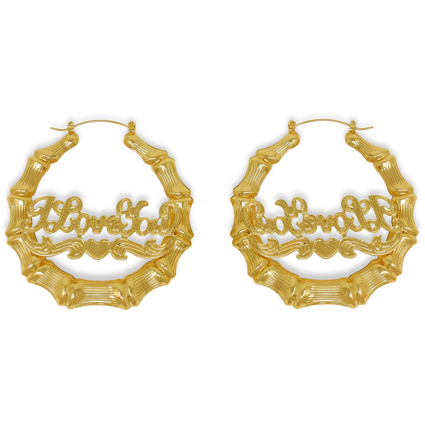 Gold Plated I Love You Round Bamboo Hoop Earrings-50mm