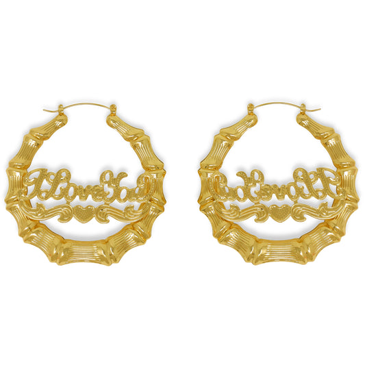 Gold Plated I Love You Round Bamboo Hoop Earrings-50mm
