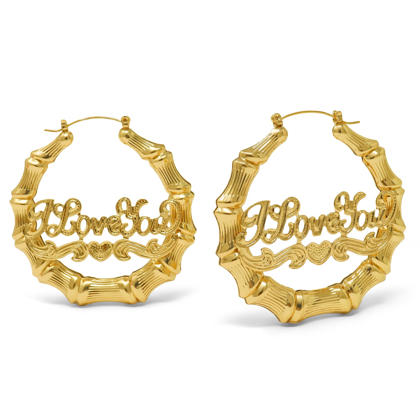 Gold Plated I Love You Round Bamboo Hoop Earrings-50mm