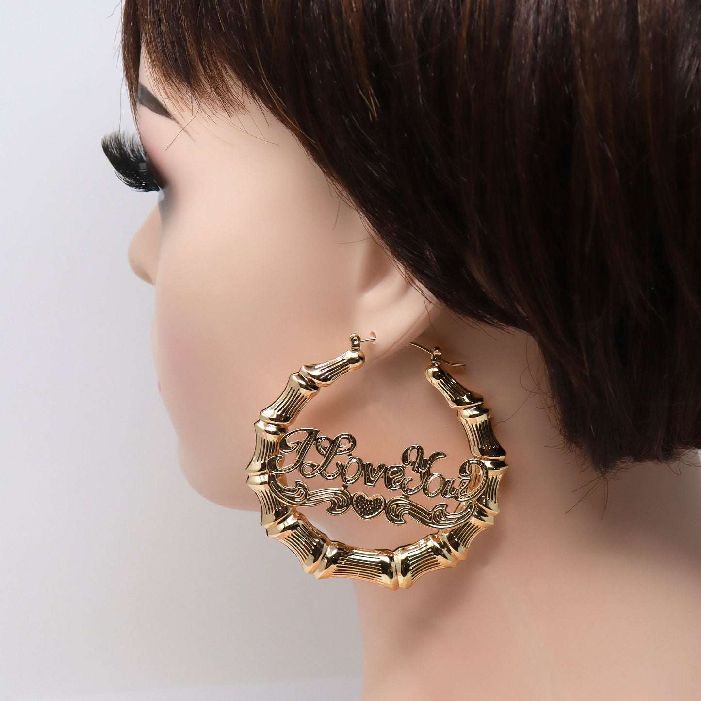 Gold Plated I Love You Round Bamboo Hoop Earrings-50mm