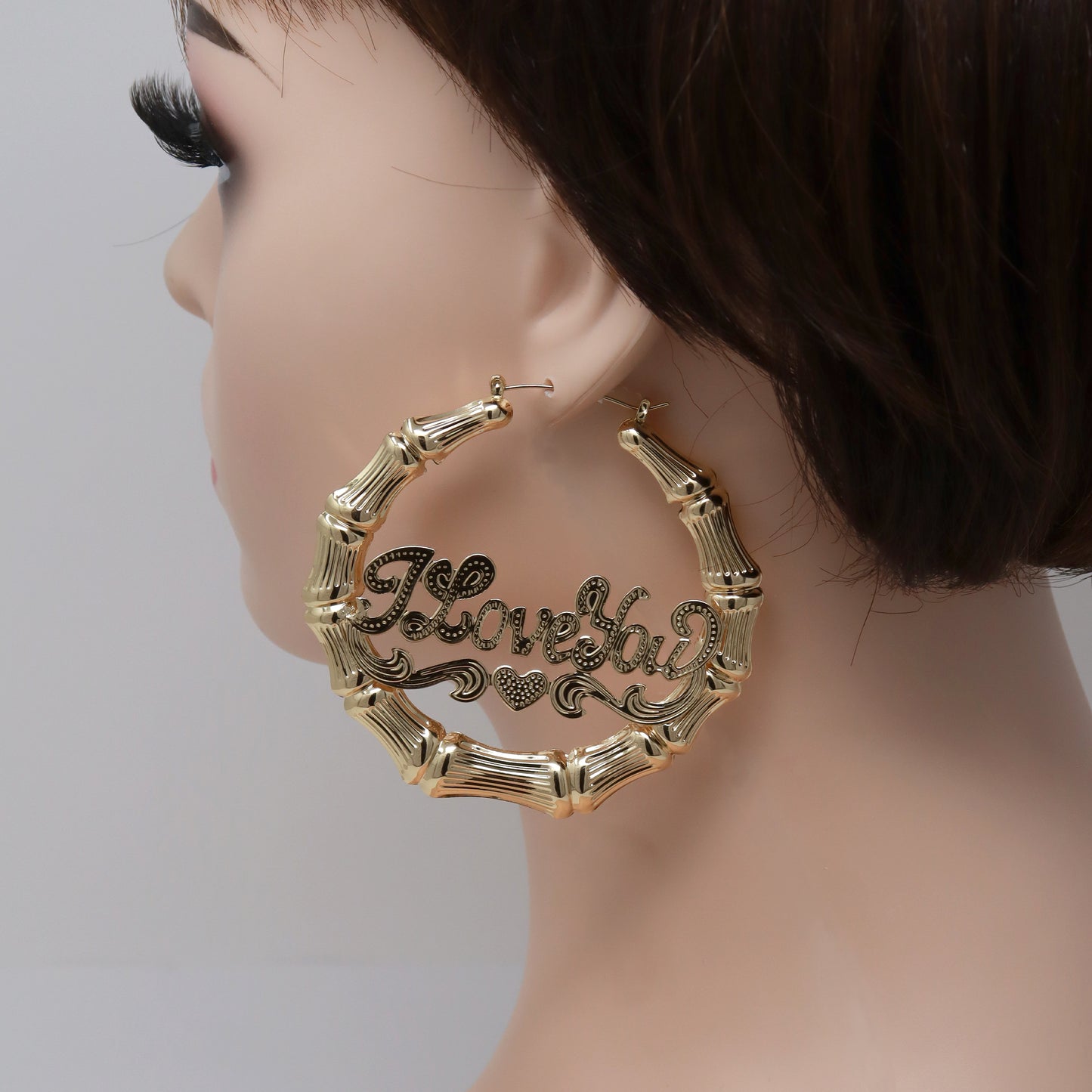 Gold Plated I Love You Round Bamboo Hoop Earrings-60mm