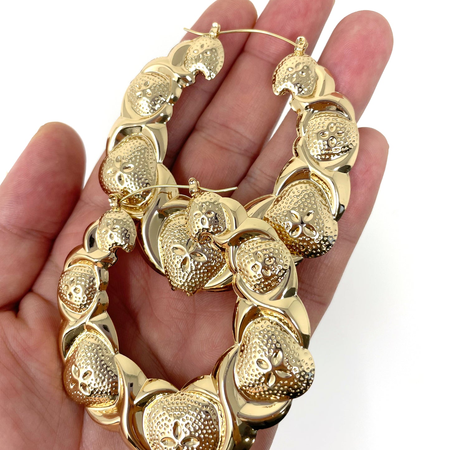 Gold Plated  Hugs Kisses Round Hollow Hoop Earrings- 60mm