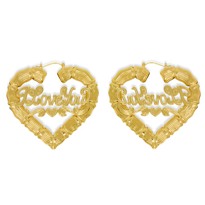 Gold Plated I Love You Heart Bamboo Hoop Earrings-60 mm