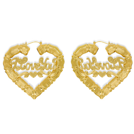 Gold Plated I Love You Heart Bamboo Hoop Earrings-70 mm