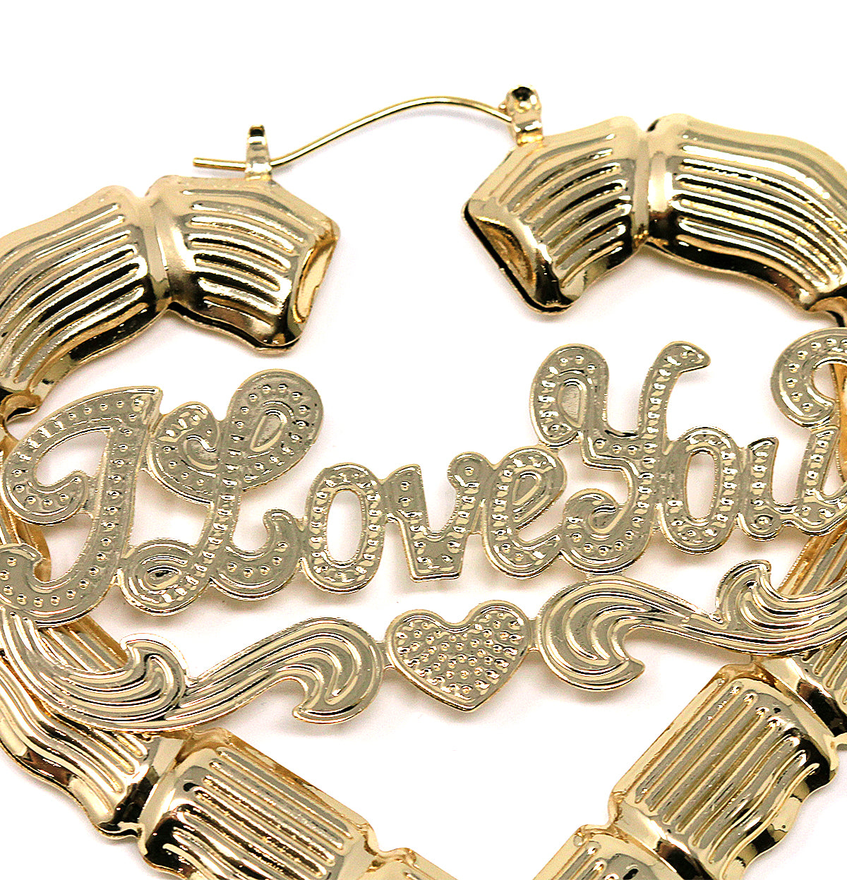 Gold Plated I Love You Heart Bamboo Hoop Earrings-50 mm